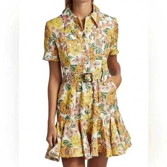 Zimmermann Poppy Belted Mini Dress 0 US4 Linen Short Sleeve Floral Shirt Dress - Picture 4 of 15